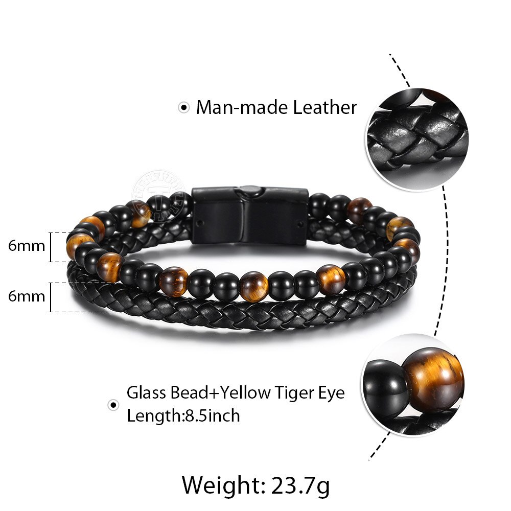 Double Layered Beaded Bracelet Yellow Tiger Eye Glass Bead Black Leather Bangle Magnetic for Him Male Jewelry DLB194