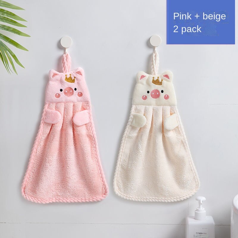 2 Pcs Cute Children's Handkerchief Towels Hanging Thickened Pure Cotton Absorbent Bathroom Face Wash Towel Kitchen Accessories: pink beige-send hook