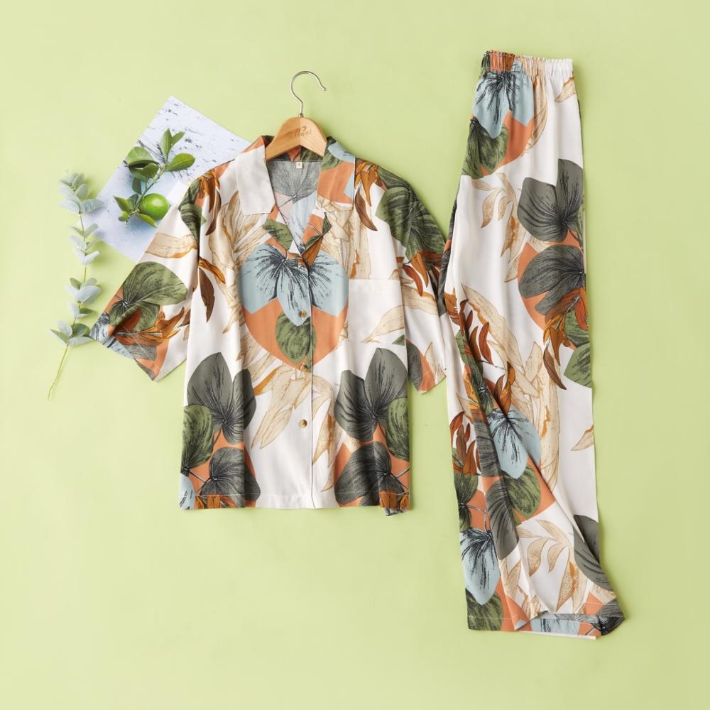 Kvinder sommer pyjamas kortærmet viskose bomuld hjemmetøj kvindelige trykte bukser homewear jakkesæt plus size loungewear: Grøn / M