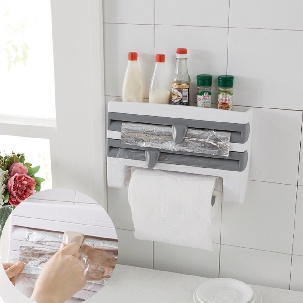 Cocina Casera multifuncional película salsa botella de almacenamiento de botella de estante de papel de dispensador de repisa para papel Film accesorio de cocina (blanco)