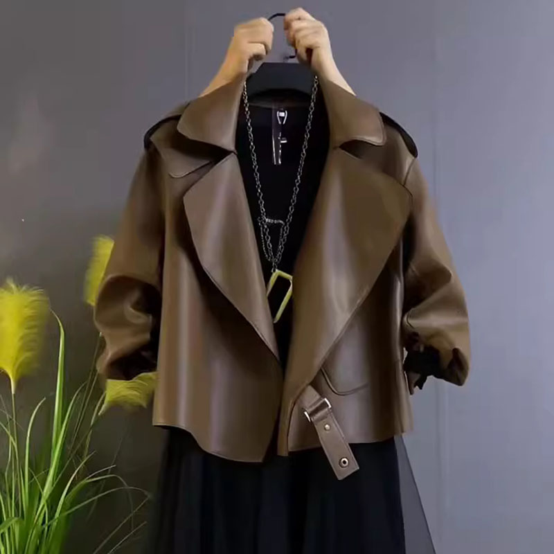 Oversized Lederen Jas Voor Dames Herfst Retro Motorfiets Biker Jack Losse Lange Mouwen Casual Korte Luxe Pu Lederen Bovenkleding