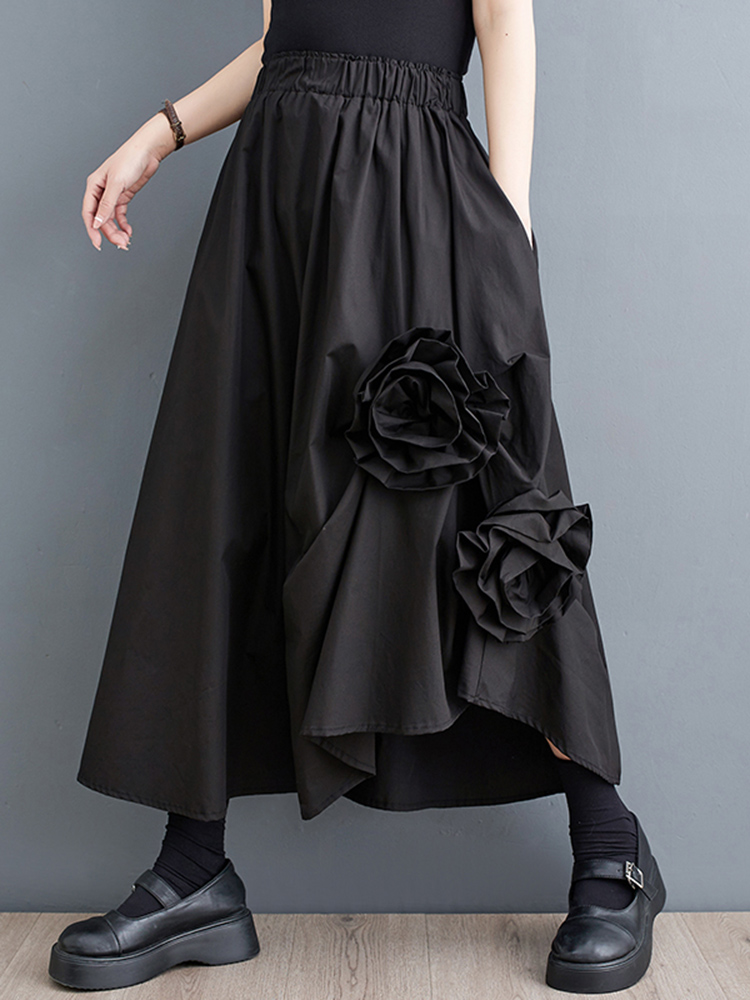 Sommer sort vintage højtaljet nederdel kvinder uregelmæssig splejset blomsterprint plus size løse afslappede midi nederdele tøj
