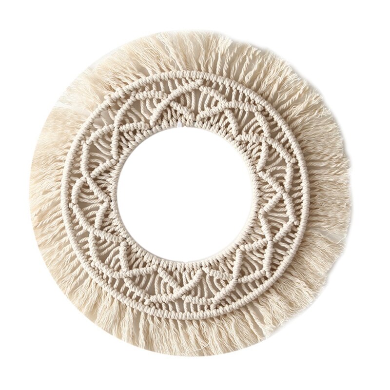 Marco de espejo de pared con borlas tejido a mano, tapiz de macramé bohemio, decoración colgante de pared redonda hueca para el hogar, decoración de habitación de niños: 103B