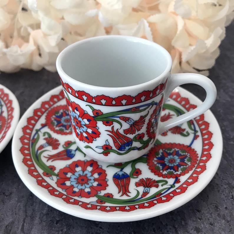 Set Van 2 Turkse Koffie Porseleinen Kopjes Traditionele Keramische Koffie Mokken Beste Home Decor Demistasse Espresso Türk Kahvesi: FLORAL-2 (2 pcs)