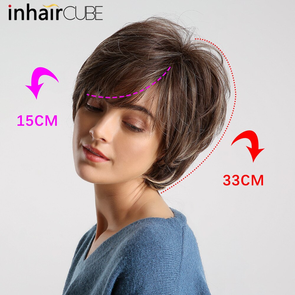 Inhair -kuutio synteettinen pixie -leikkaus naisten peruukit, joissa on luonnolliset otsatukka pörröinen kerroksinen suora sekoitettu väri lämmönkestävät lyhyet hiukset