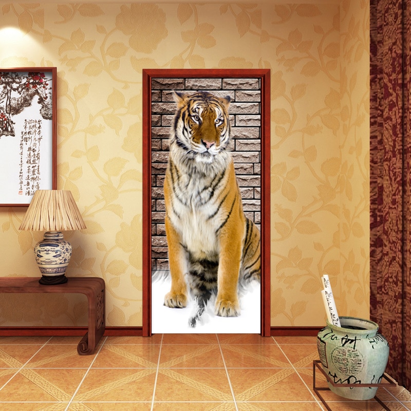 3d stereo tiger dörr klistermärke modern djur tapet barn sovrum vardagsrum heminredning dörr dekaler pvc självhäftande