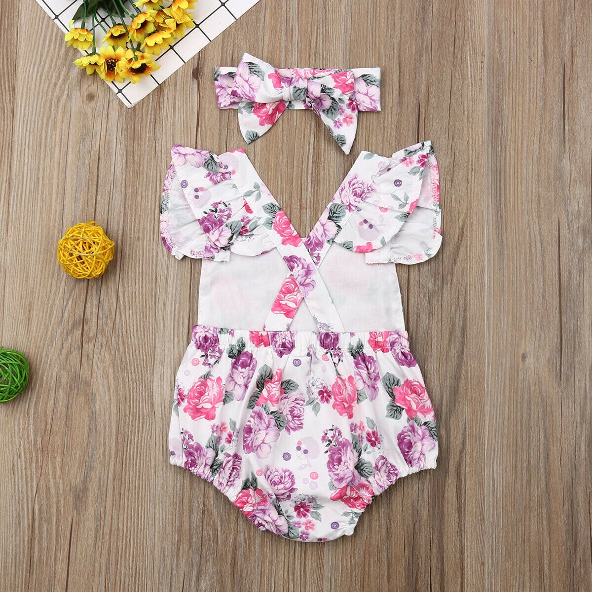 Newborn Kids Baby Girls Boys Floral One-piece Jumpsuit Headband 2pcs Outfits Summer Clothes