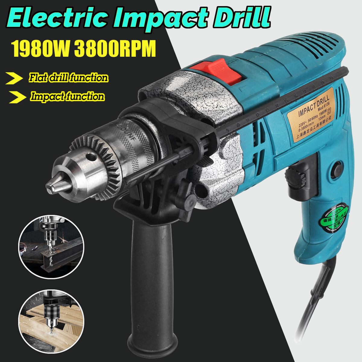 1980W 220V Electric Brushless Handheld Impact Flat Drill Guns Hand Drill Torque Driver Tool Set with Measuring Scale Wrench