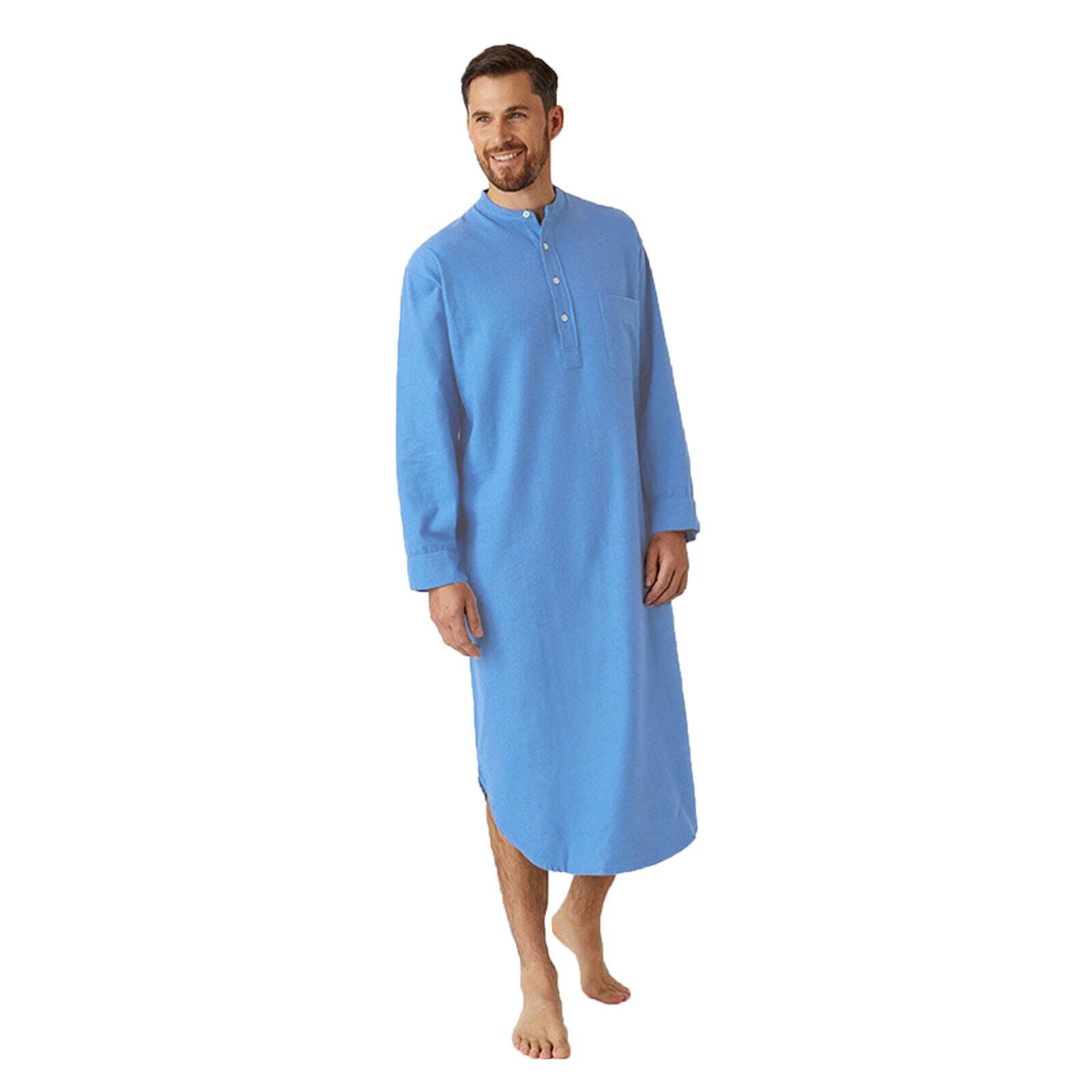 Men's Long-Sleeved Button-Down Sleepwear Solid Color Printed Shirt Stylish Nightgown Nightwear Loose bathrobe Nighty&Robe: Blue / XXXL
