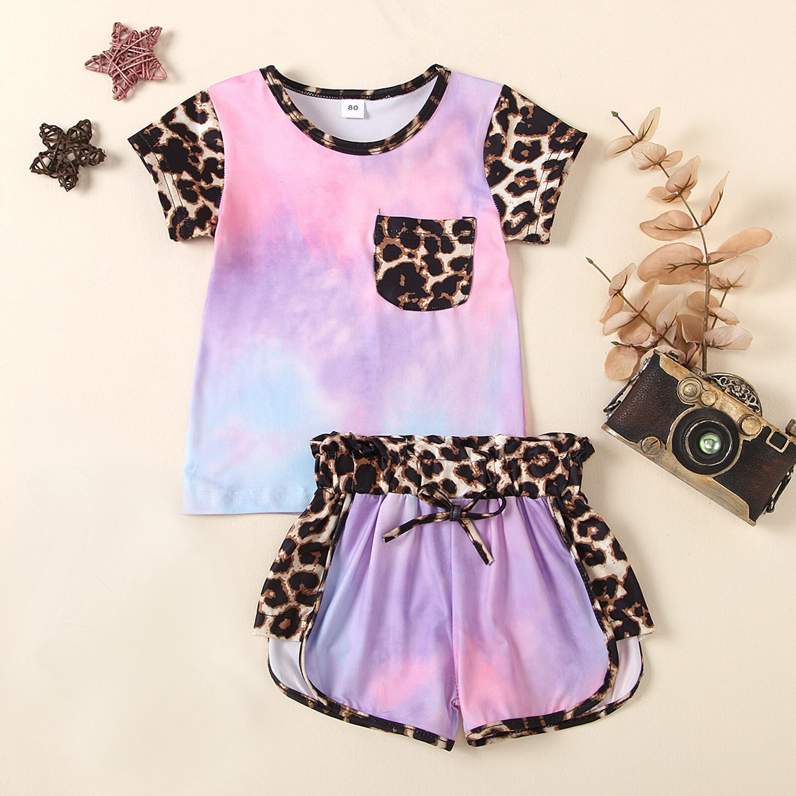 Newborn Toddler Outfits Baby Girls Colorful Print Leopard Cute Two-piece T-shirts+shorts Pant Clothes Summer Casual Sets