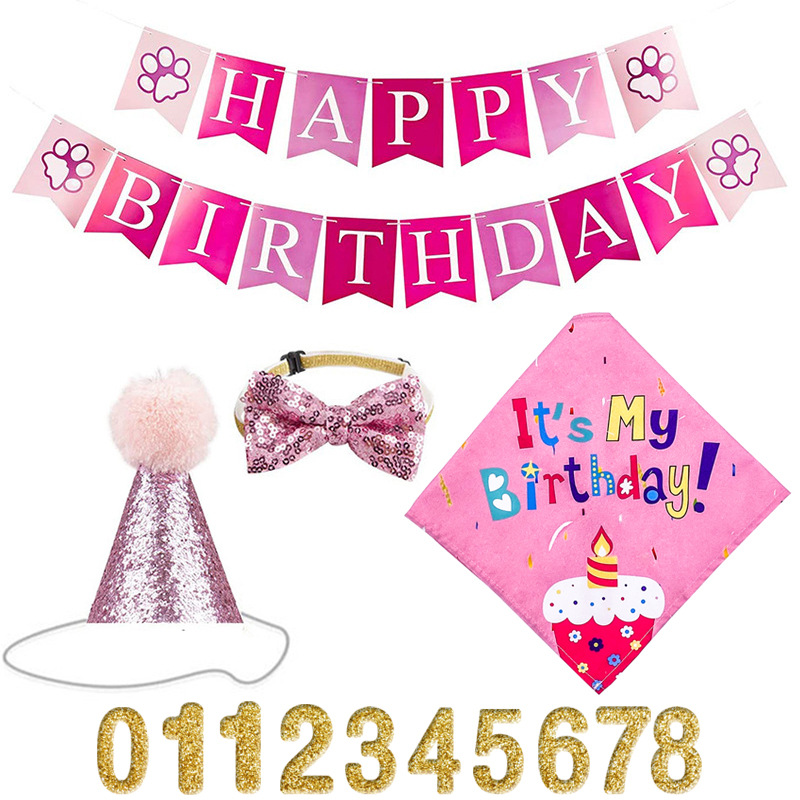 Handmade Dog Birthday Bandana Set Party Pet Pull Flag Triangle Scarf Cake Hat Decoration for DIY Pet Party Supplies