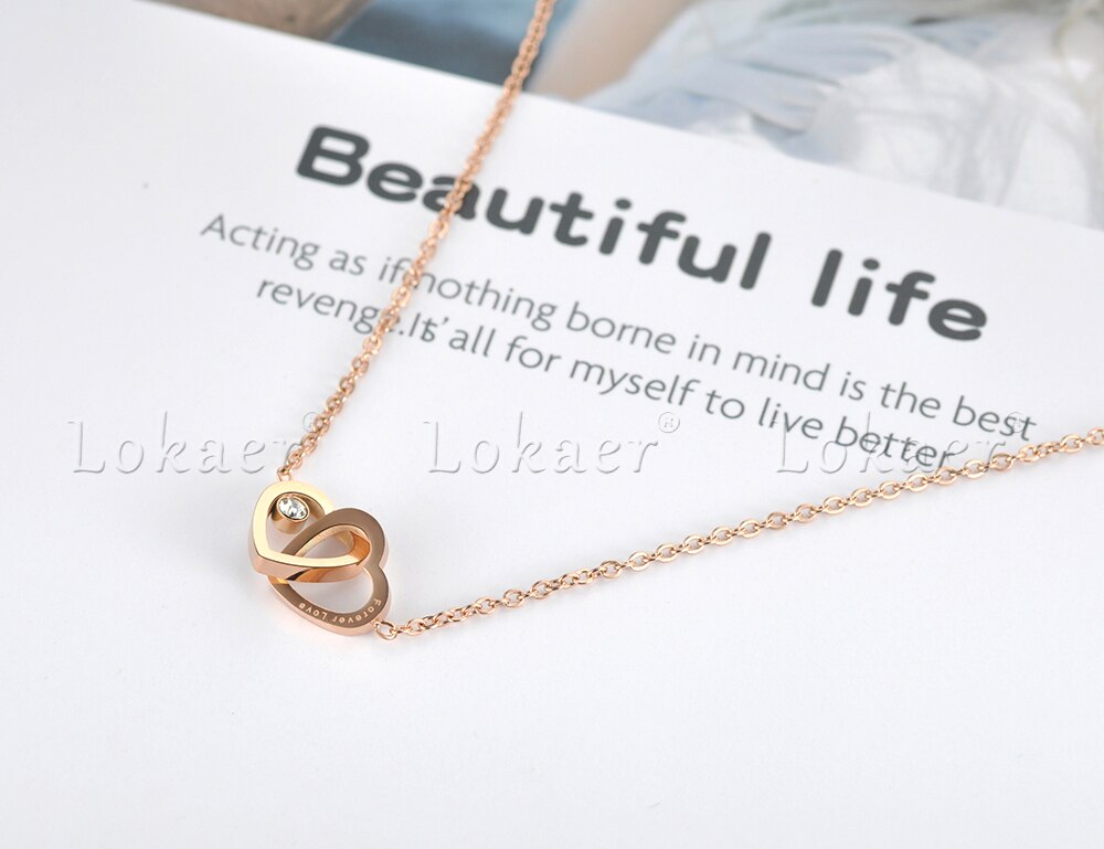 Lokaer colar corrente e fecho de zircônia cúbica, dupla coração, joias de titânio aço rosa dourado para mulheres n18058
