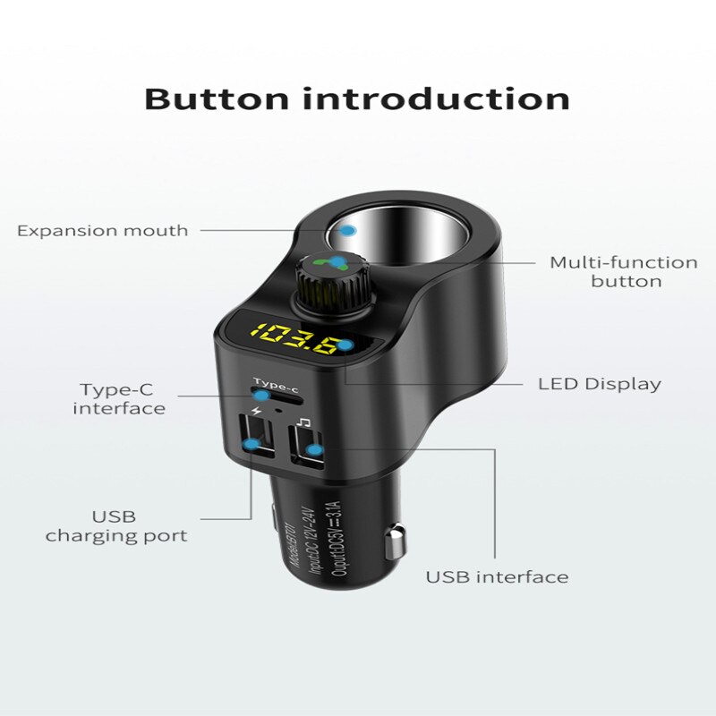 1Pc Bluetooth5.0 Auto MP3 Speler Type-C Led Scherm Dual Usb Fm-zender Ondersteuning U Disk Auto Sigaret aansteker Oplader Speler