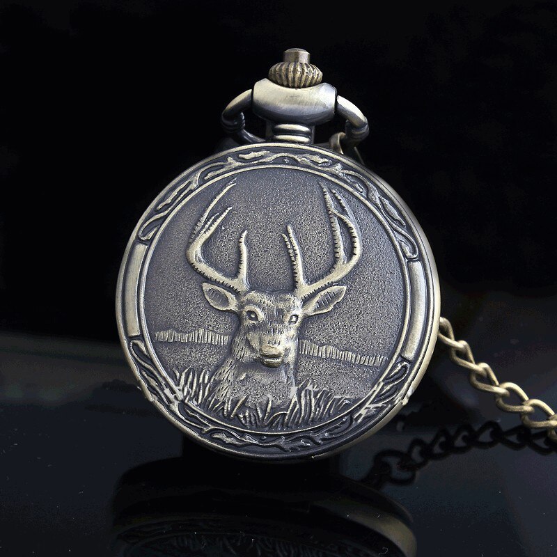 Vintage Quartz Pocket FOB Watch Antique Deer With Pendant Necklace Bronze Boys Pocket Watch Chain For Men Relogio De Bolso