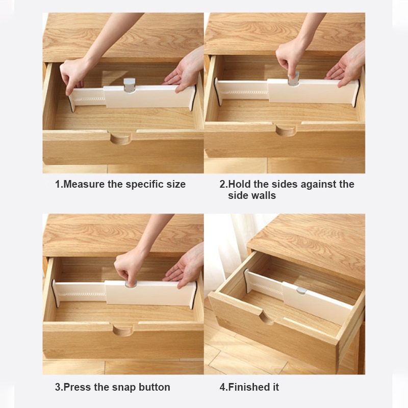 Separadores de cajones de dos tamaños de primavera en blanco, organizador de dormitorio de cocina extensible cargado