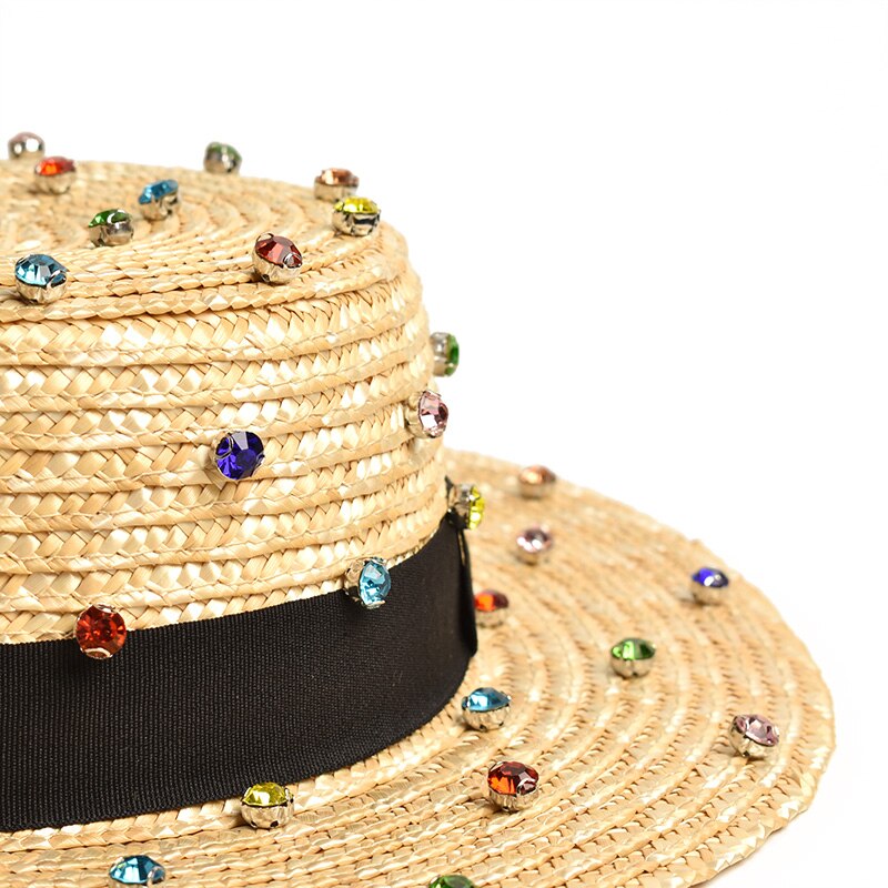 Paja de trigo Natural hecha a mano, decoración de costura de diamantes, sombrero de paja de jazz, viaje al aire libre, Playa