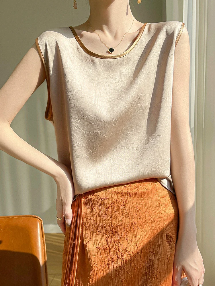 Women Summer Artificial Silk Satin Embossing Flower Thin O-neck Tank Top Gold Collar Hem Smooth Camisole Basic Model Silky Camis