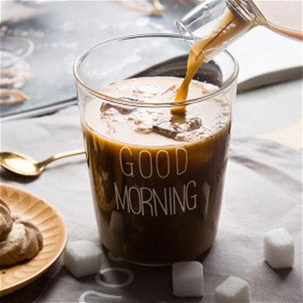 Letter Printed Transparent Glass Coffee Tea Drinks Dessert Breakfast Milk Cup Glass Mugs Handle Drinkware: no handle white