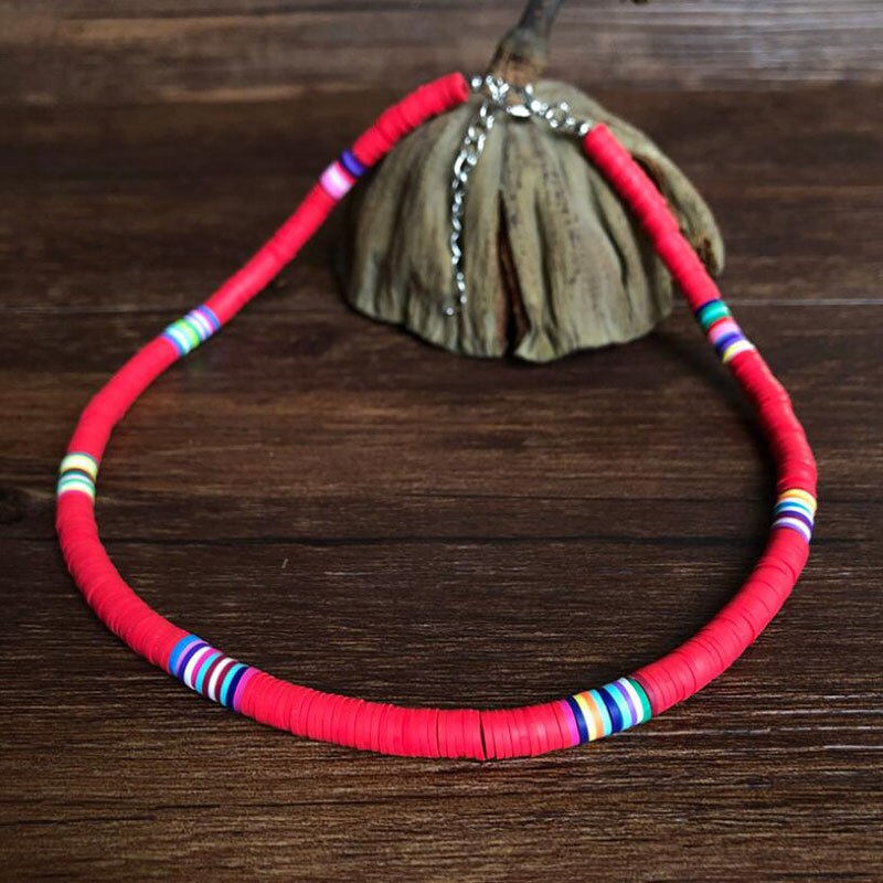 Collier en argile polymère fait à la main, poterie douce, ras du cou, perles de surfeur colorées, bijoux pour femmes: Red