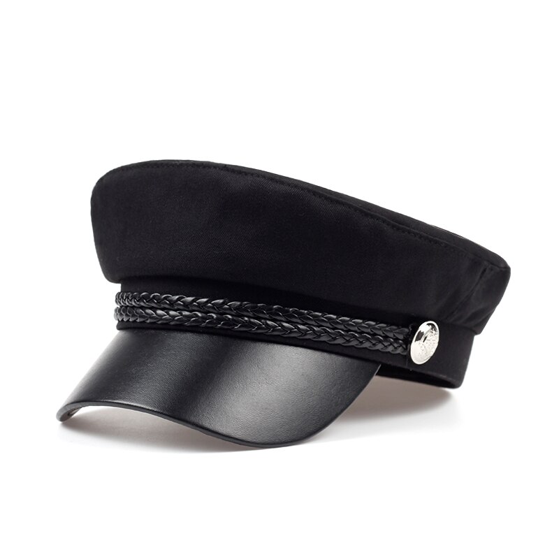 Voron Vrouwelijke Hoed Voorjaar 100% Katoen Marine Hoed Mode Zwart Lederen Vaste Crown Zilveren Gesp Winter Warme Muts Baretten hoed Cap