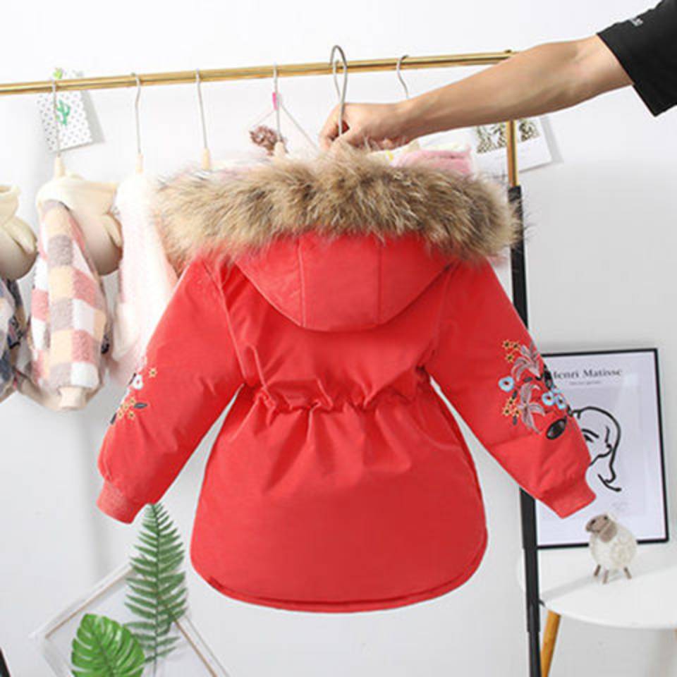 Voor jaar herfst winter kinderkleding warme capuchon parka's kinderjas bontkraag dons bovenkleding meisje p: 3 / 8