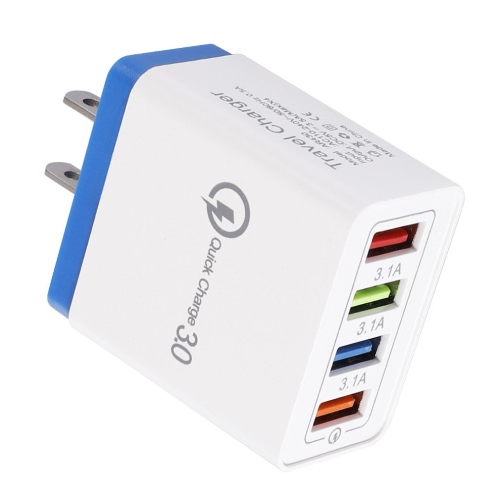 4 USB Port Charger 3.0 for iPhone Tablet Travel Charging Head Induction Mobile Phone Charger Adapter: navy blue