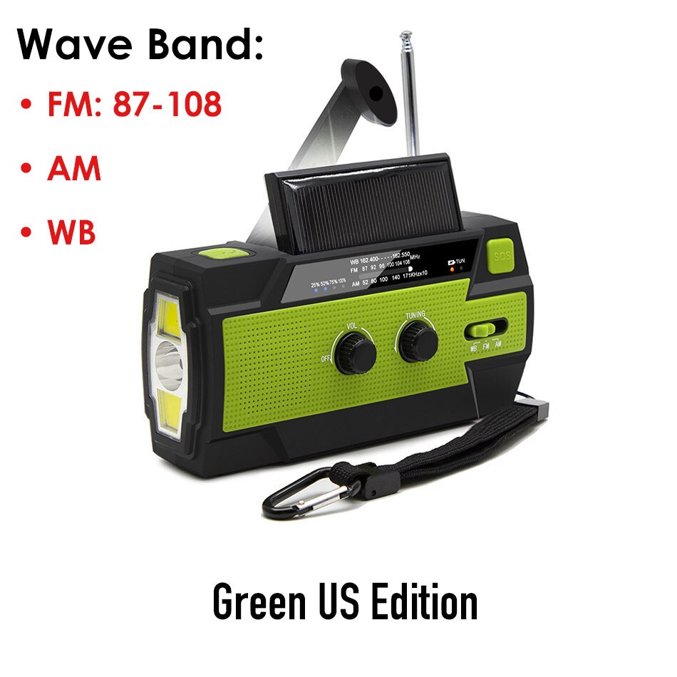 Linterna de Radio de emergencia , batería Solar USB, accionada a mano con manivela Radio AM/FM/WB, batería externa de 4000mA, linterna IPX3 resistente al agua: Green US