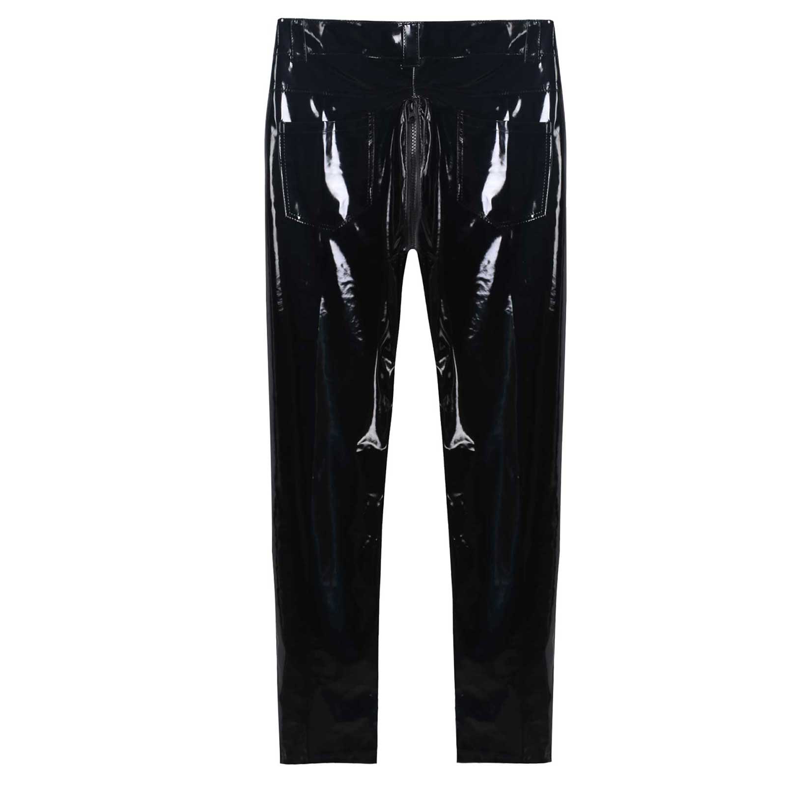 IEFiEL hommes Moto pantalon en cuir fermeture éclair sans entrejambe pantalon Look humide discothèque Performance Costumes humide Look pantalon