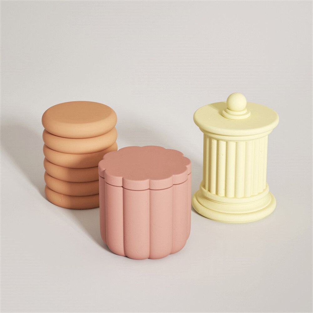 Nicole – Pot à bougie en béton avec couvercle, moule en Silicone, ciment, récipient à bougie, rond, romain, Pot de rangement en Terrazzo, outil de décoration pour la maison
