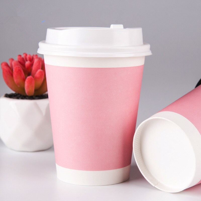 50pcs Pink thicken disposable coffee cup party wedding birthday favor drink paper cup cute takeaway packaging cups with lid