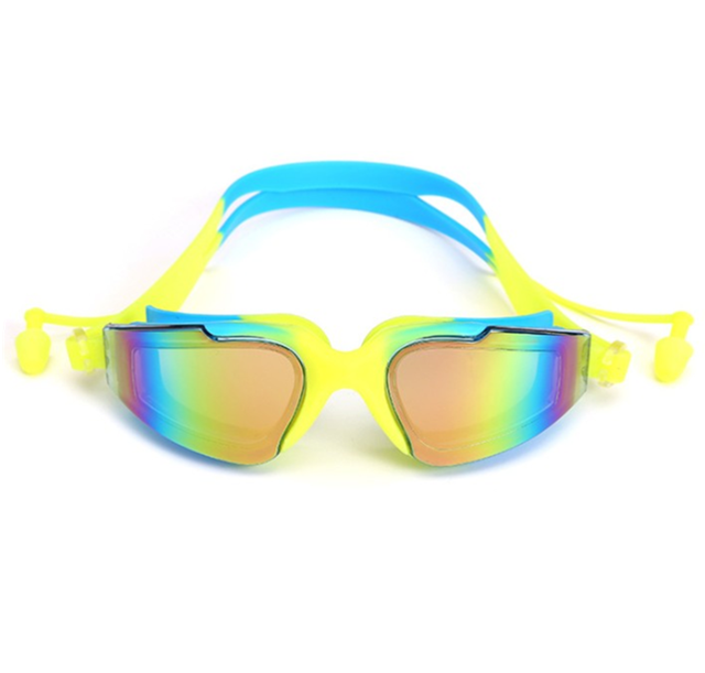Gafas de natación antiniebla para hombre y mujer, lentes antiniebla profesionales con tapón para la oreja, a prueba de agua, para natación, juego de gorro: YELLOW
