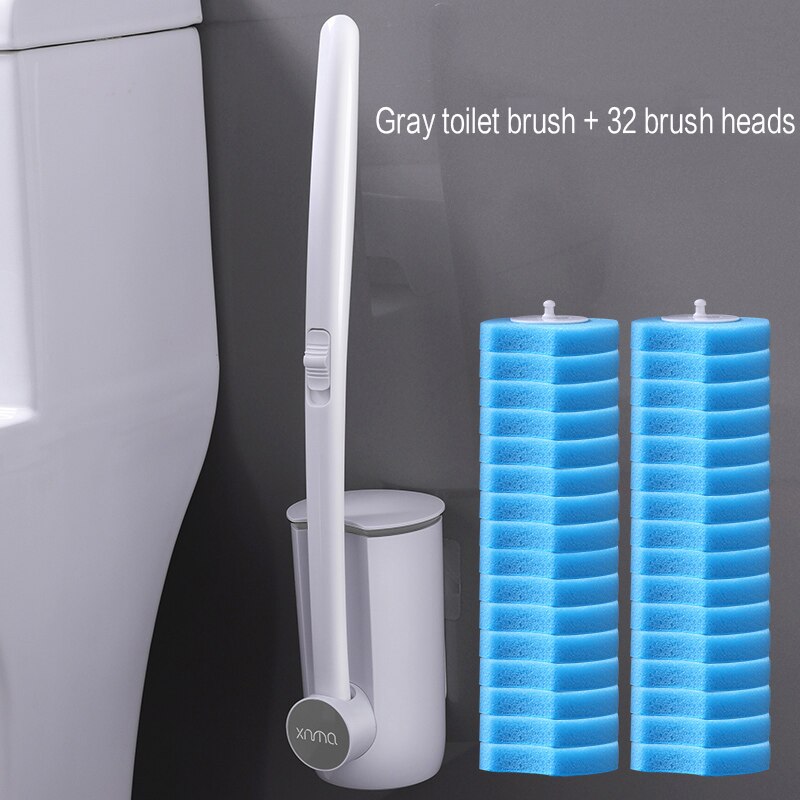 Cabeça de escova substituível da escova do toalete do banheiro descartável e conjunto do êmbolo com punho longo nenhum canto morto escova de limpeza: Gray 32 brush head