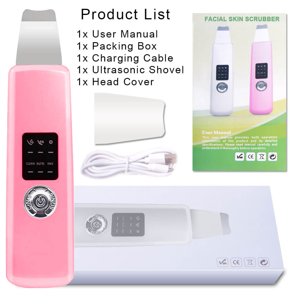 Ultrasonic Face Cleaning Device Skin Scrubber Facial Whitening Lifting Reduce Wrinkles Spots Pore Cleaner Blackhead Spatula Sets: Pro Pink