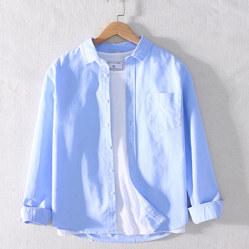 Schinteon Mannen 100% Katoenen Shirt Lange Mouwen Japanse Stijl Casual Oxford Shirt Turn-Down Kraag S-4XL: Blue / M(Asian Size)