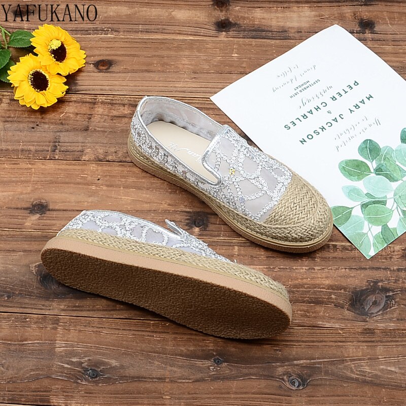 Mesh Sequins Fisherman Shoes Flat Womens Shoes Mori Girl Hemp Straw Weave Casual Sandals Literary Retro Breathable Comfort Flats