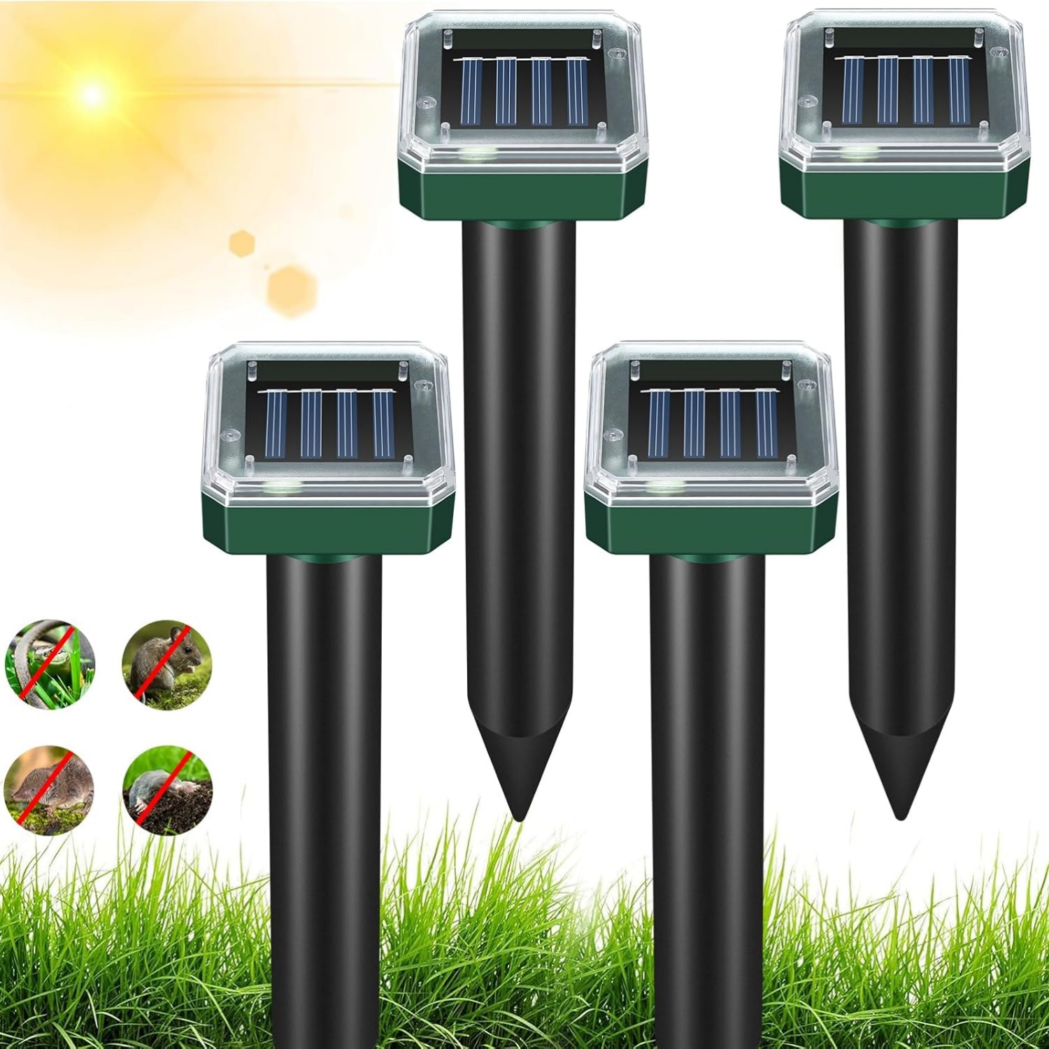 Mole Repellent Solar Powered 4 Packs Ultrasonic Solar Snake Repeller for Garden, Waterproof Vole Deterrent Repels Mole Gopher
