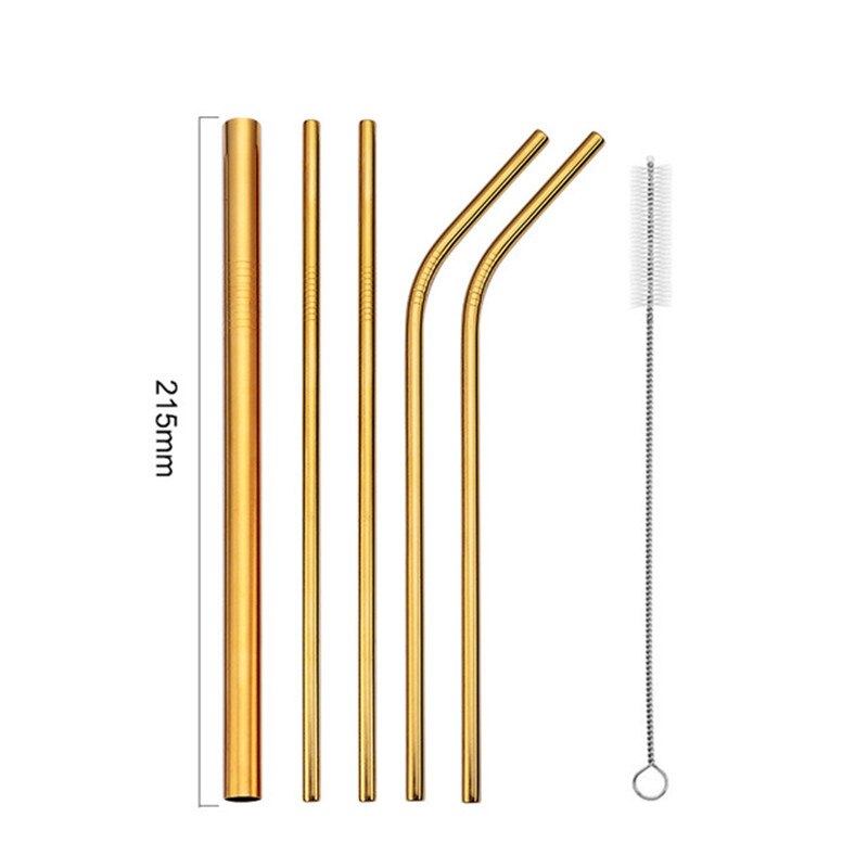 7 Pcs 304 Stainless Steel Reusable Drinking Straw Anti-slip Sturdy Bendy Straight Straw With 2 Cleaner Brushes Bar Accessories: Gold
