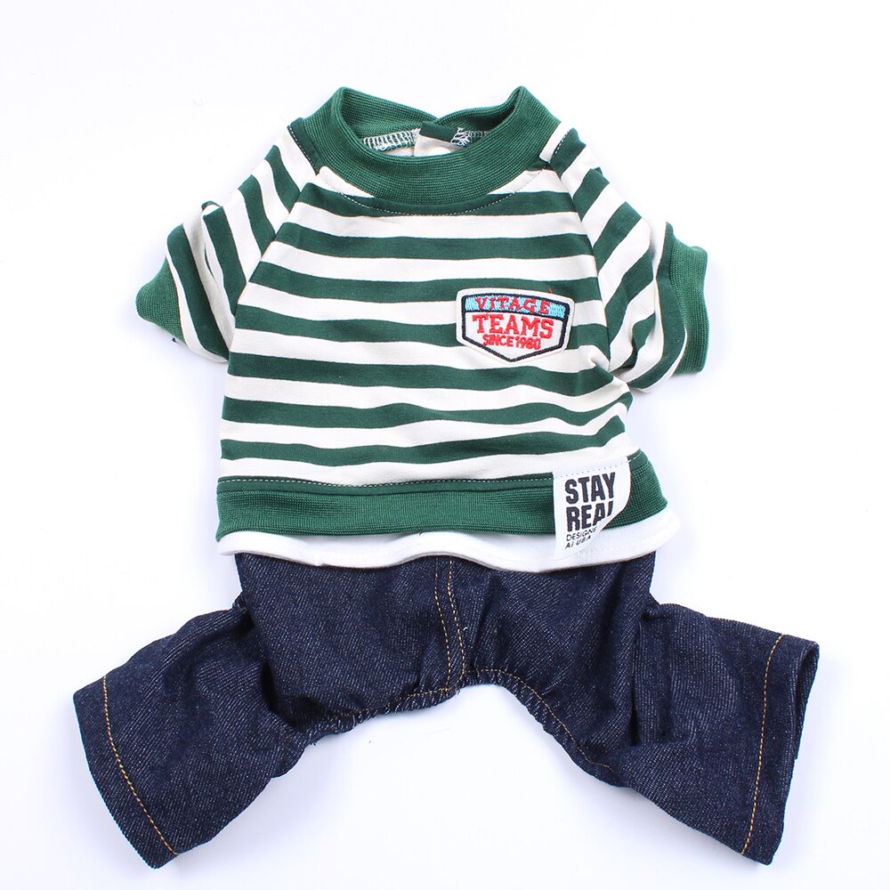 Classic Striped Pet Jumpsuit Dog Hoodie Denim Pants Cat Puppy Coat Jacket Autumn/Spring Clothes Apparel: Green / XL