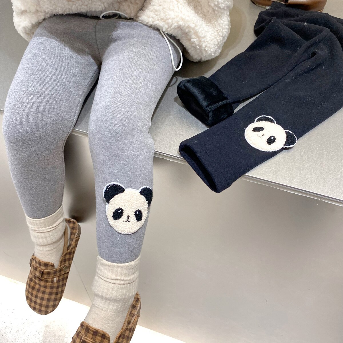 Leggings panda pour filles, collants chauds et mignons, flocage, pantalons skinny assortis, 2 couleurs, hiver