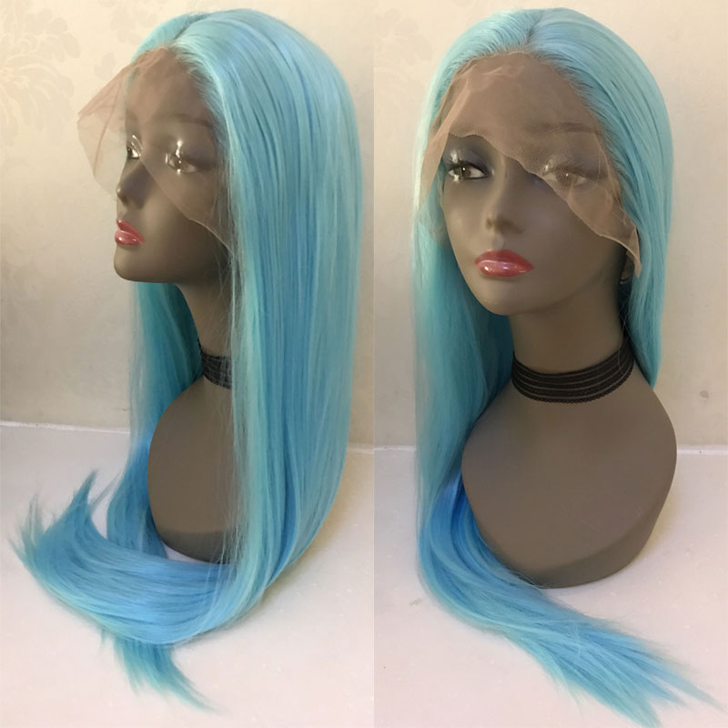 BM Sky Blue Long Straight 13*3 Synthetic Lace Front Wig Heat Resistant Fiber Hair Middle Parting Natural Hairline For Women Wigs