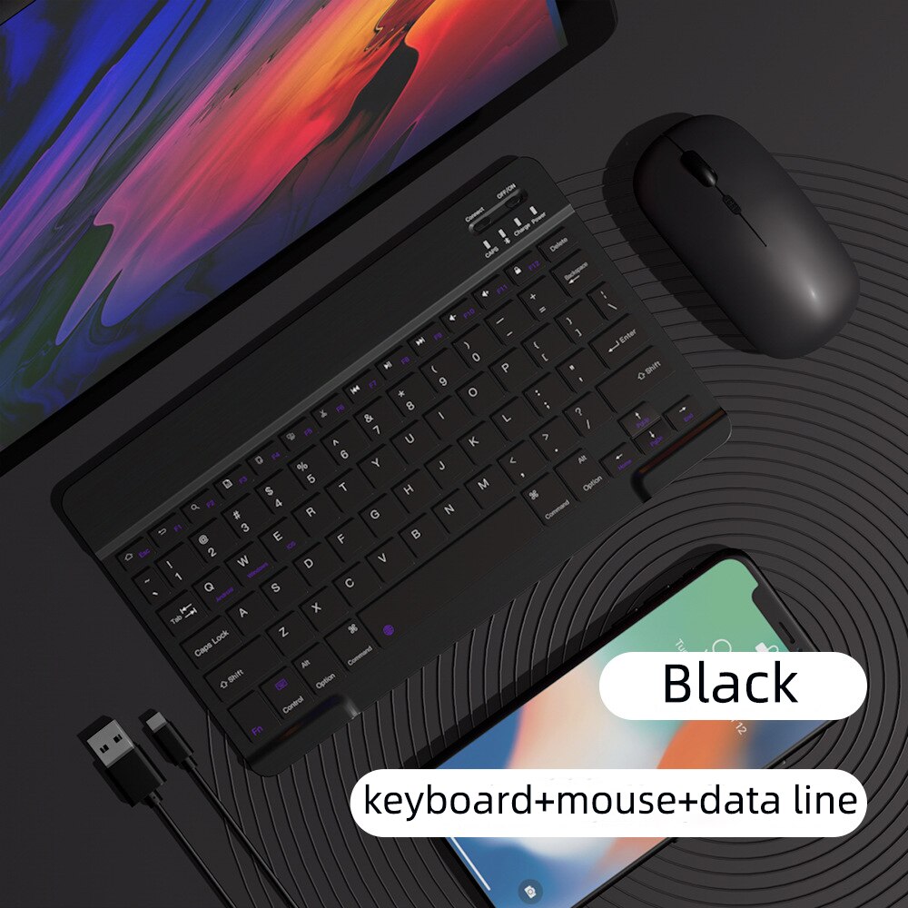 rechargeable wireless keyboard and mouse portable wireless mini bluetooth keyboard mouse set for laptop tablet notebook: black