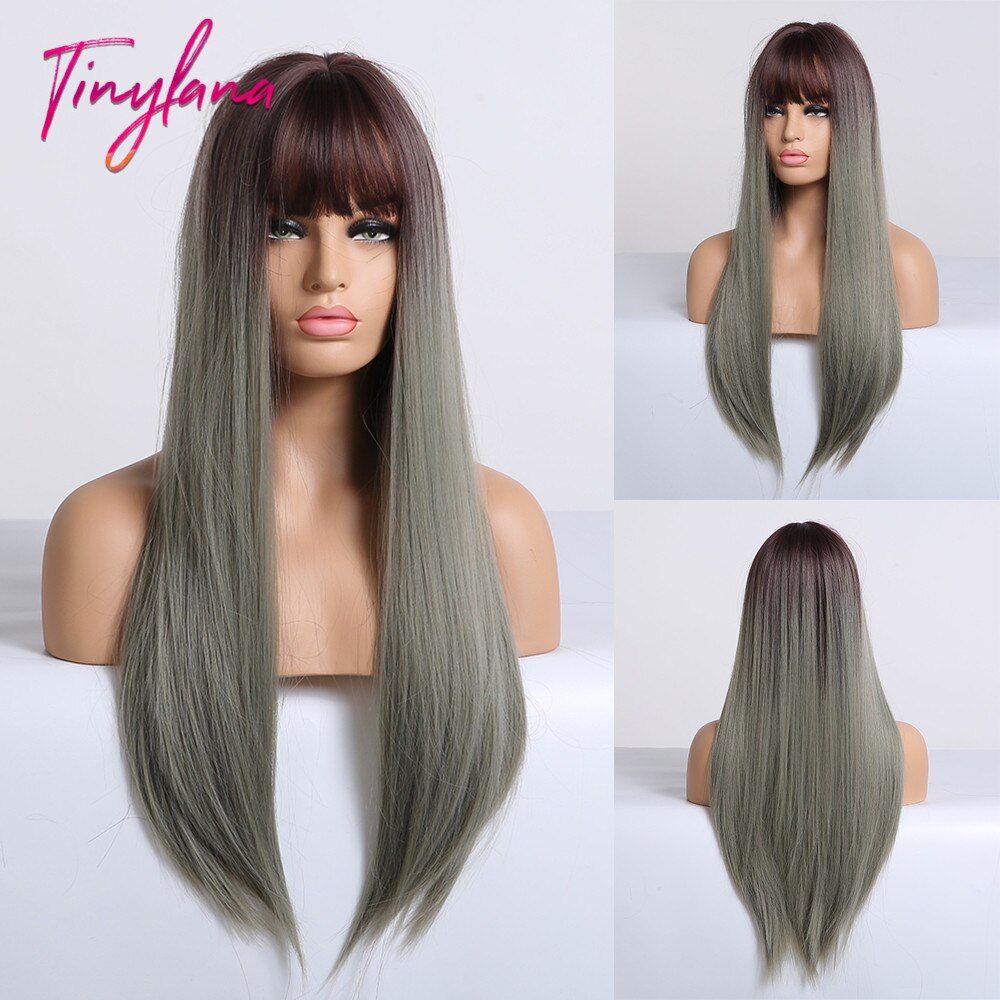 sehr klein LANA Synthetische Haar Perücken mit Pony Lange Gerade Dunkelbraun Perücken für Frauen afro Hohe Temperatur Faser Cosplay Partei perücken: lc240-1
