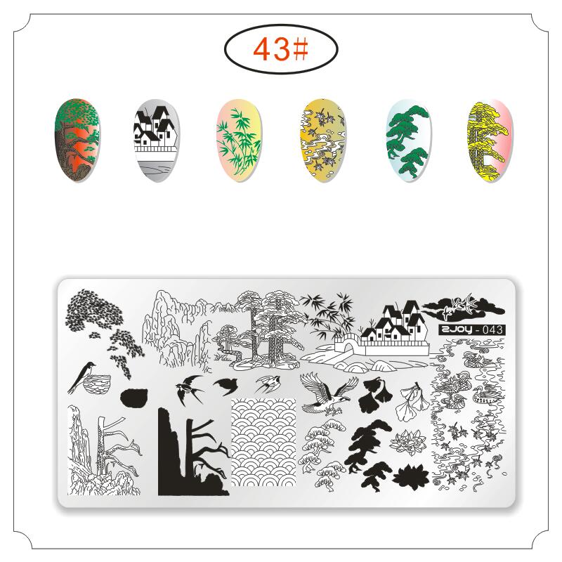 Serie Zjoy placas de estampado para manicura Estilo de China onda grulla salvaje Gazebo dados bambú serie Plantilla de sellos para decoración DIY manicura: 43