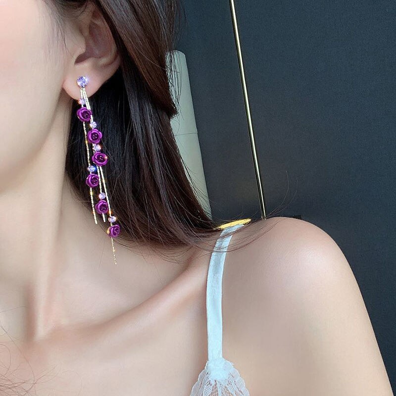 Pendientes de gotas de rosa roja para mujer, aretes largos con borlas colgantes, joyería para y boda, ENDQ