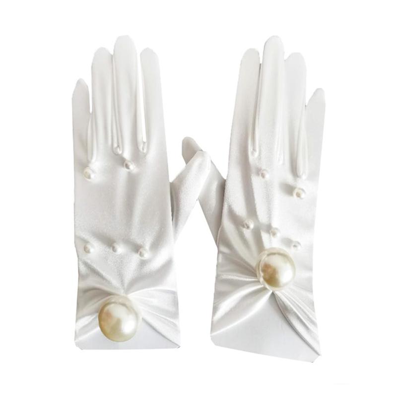 1 Pair Wedding Bridal Satin Gloves Imitation Pearl Inlaid Gloves for Lady White
