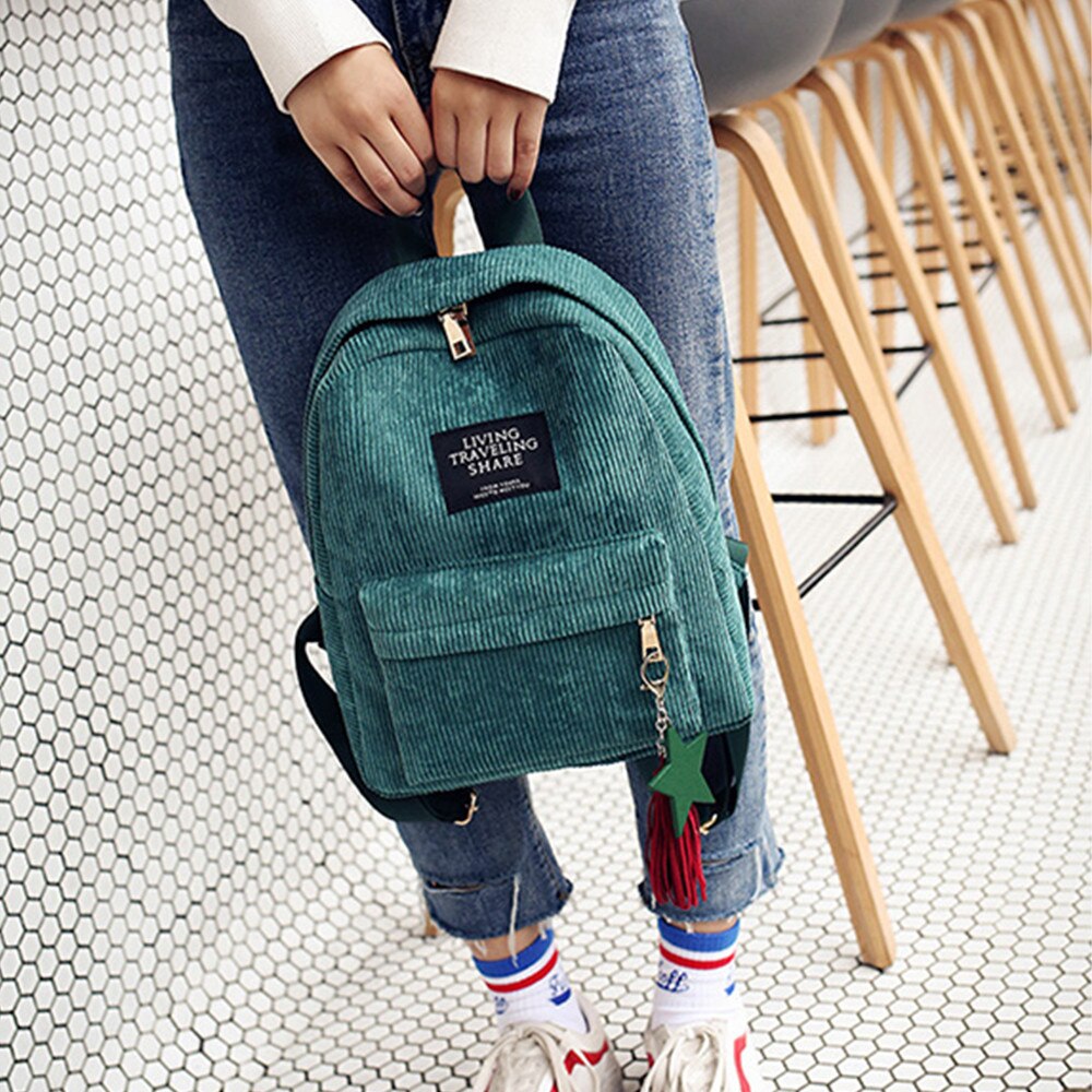 High Student Women's Canvas Tassel School Bags Travel Backpack Bag Solid Backpack School Bags For Teenage College Large #S11: green