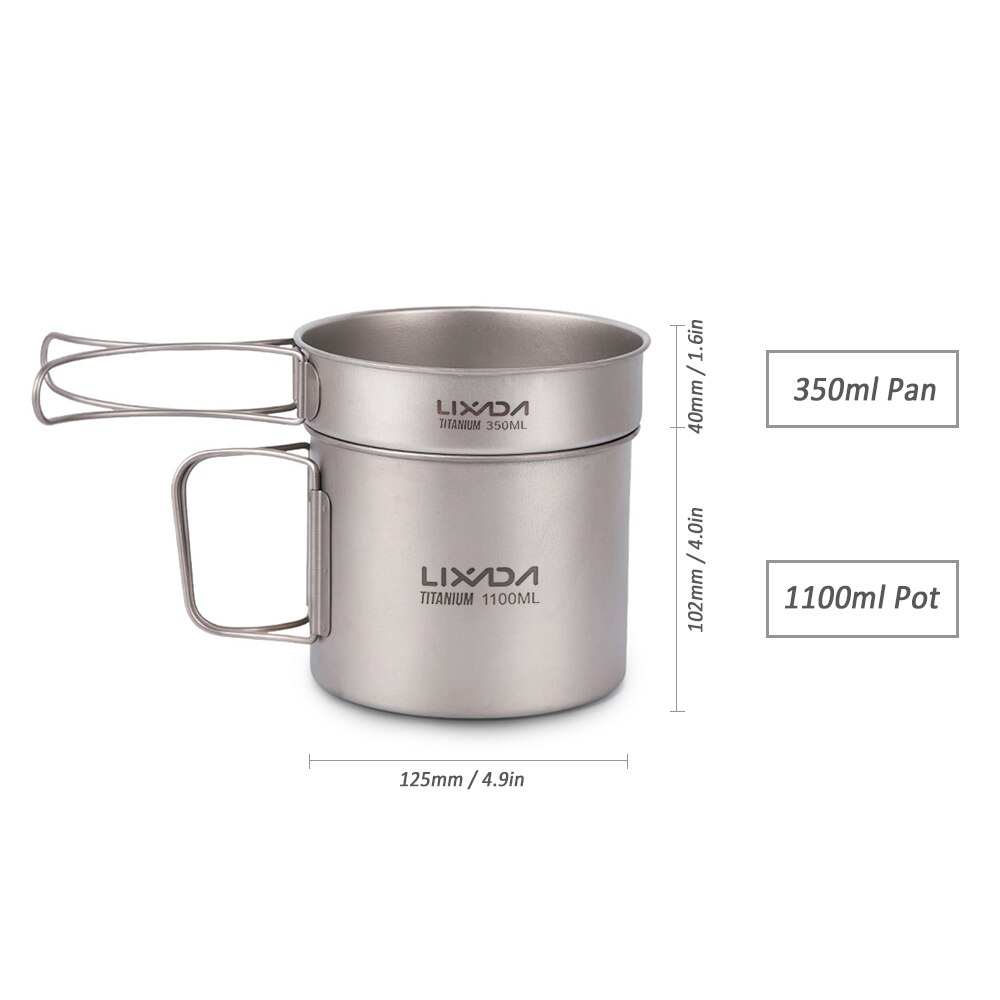 Lixada Ultralight Titanium Kookset Outdoor Camping Kookgerei Set 900Ml Pot En 350Ml Koekenpan Met Vouwen Handgrepen Camping keuken: 1100ml pot 350ml pan