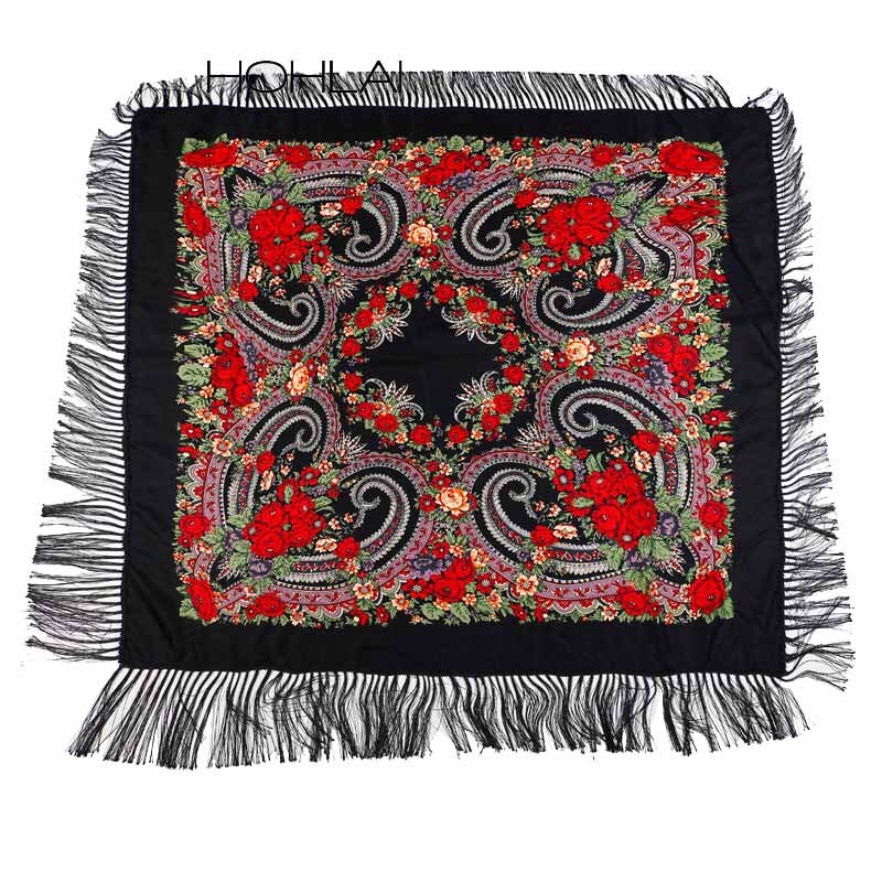 Vrouwen hart bedrukte kwast sjaals, russische grote maten bandana, warme poncho, stola sjaal: Zwart