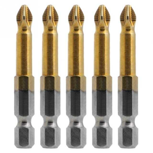 1 Set(5pcs) Titanium Coated 1/4" Hex Shank PH2 50mm length Anti Slip Electric Screwdriver Bits with magnetic tip