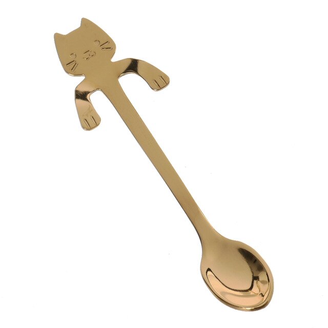 Cuchara con forma de gato, cuchara para té o café, taza colgante de acero inoxidable, cucharas de té, minicuchara largo lindo para gatito, cuchara agitadora para postre: Golden